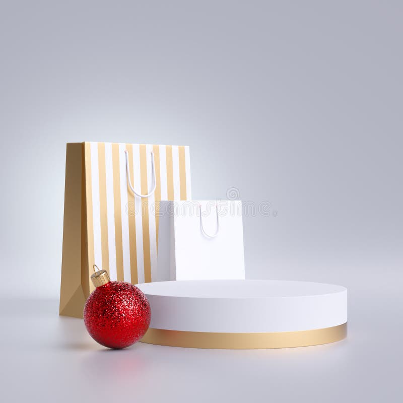 3d Christmas commercial mockup. Shopping bags, round podium and red ball ornament, isolated on white background. Blank pedestal stock photography 3d Christmas commercial mockup. Shopping bags, round podium and red ball ornament, isolated on white background. Blank pedestal stock photography