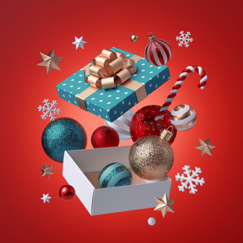 3d Christmas ornaments, glass balls falling out, open white wrapped box with golden ribbon bow. Winter holiday package. Levitating