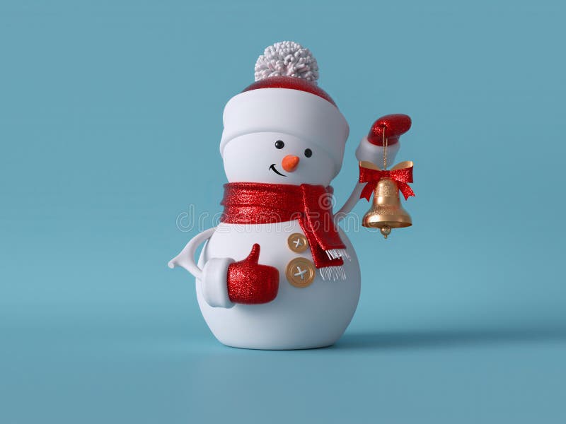 3d Christmas snowman standing, holding golden bell. Winter holiday clip art isolated on blue background. Funny festive character.