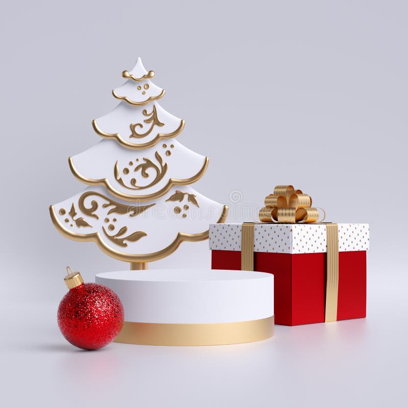 3d Christmas tree, empty podium or pedestal, red glass ball, gift box isolated on white background. Copy space. Cylinder platform