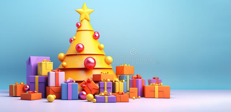 3d Christmas tree with gifts with copy space