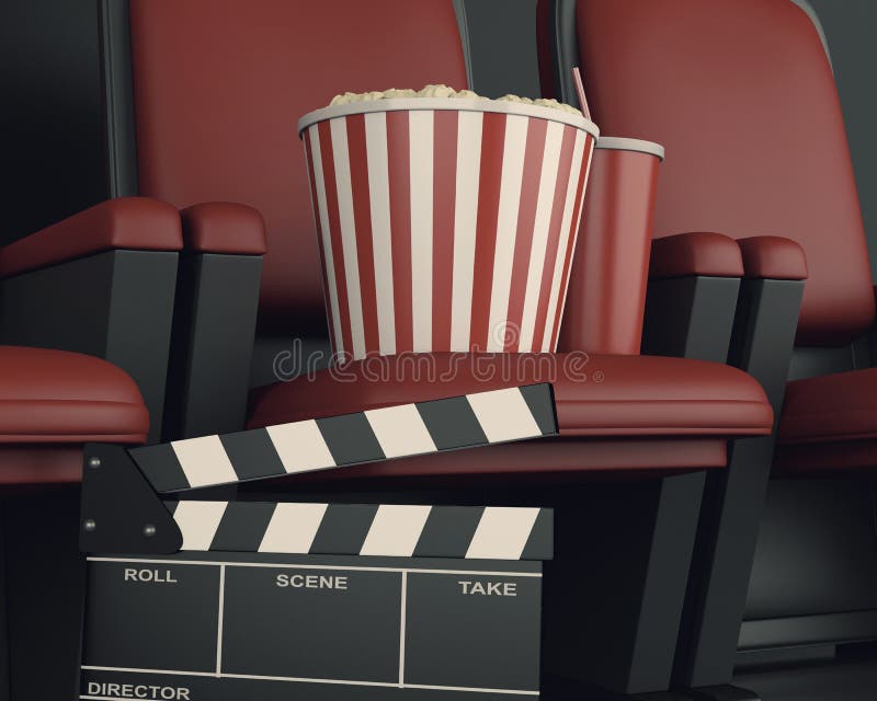 3d clapper Kinowa deska i popkorn na teatru siedzeniu royalty ilustracja 3d clapper Kinowa deska i popkorn na teatru siedzeniu royalty ilustracja