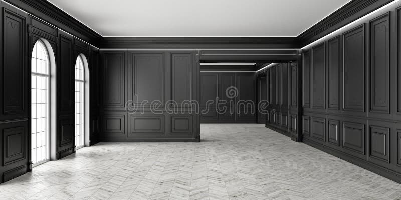 3D Classic style empty black room with parquet and classic wall pannels, big window and home interior illumination.