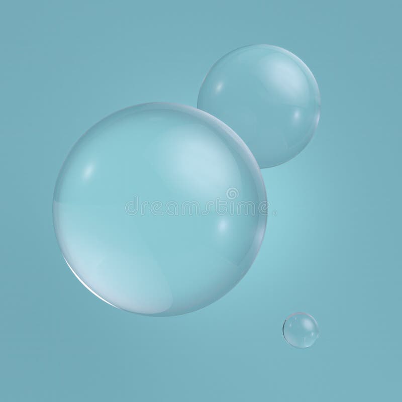 3d clear glass balls, transparent bubbles, isolated on blue background. Clean style.