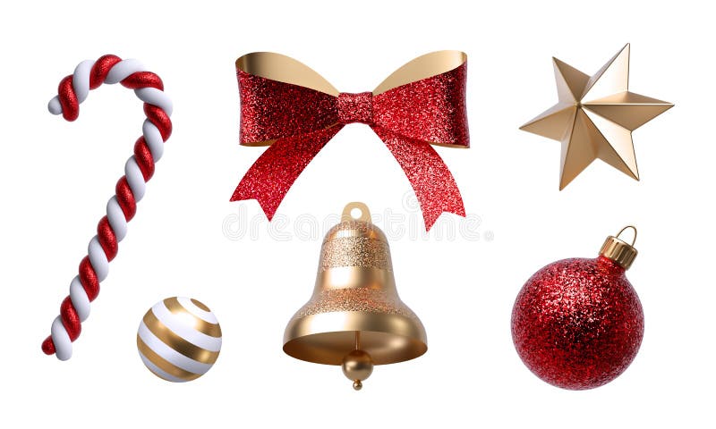 3d Clip Art natalizio Elementi di progettazione isolati su fondo bianco Campanella d'oro, arco di carta, nastro rosso, canna da z