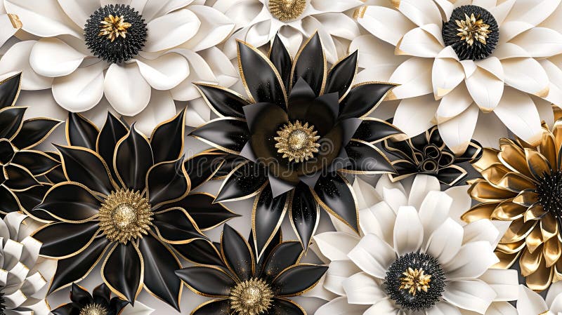 3D clipart featuring paper flowers adorned with glitter, with a dark-centered image set against a pristine white stock image