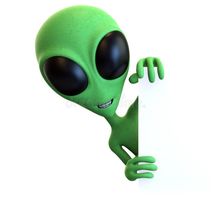 3D close up rendering of a curious cartoon alien peeking around a blank sign isolated on a white background. 3D close up rendering of a curious cartoon alien peeking around a blank sign isolated on a white background.