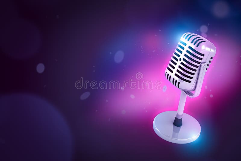 3d close-up rendering of shiny metal microphone on purple bokeh background with copy space. stock image