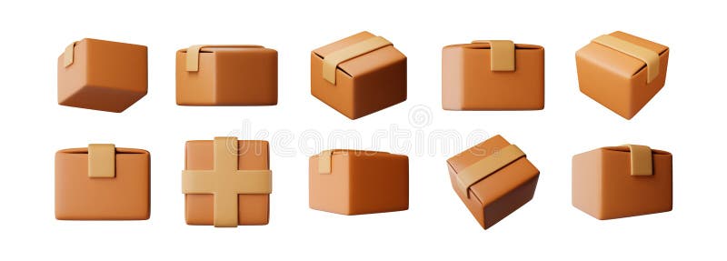 3D closed carton packaging box set isolated on white. Render collection of cardboard package with cover. Postal containers. Carton delivery packaging. Transportation and logistics. Vector illustration