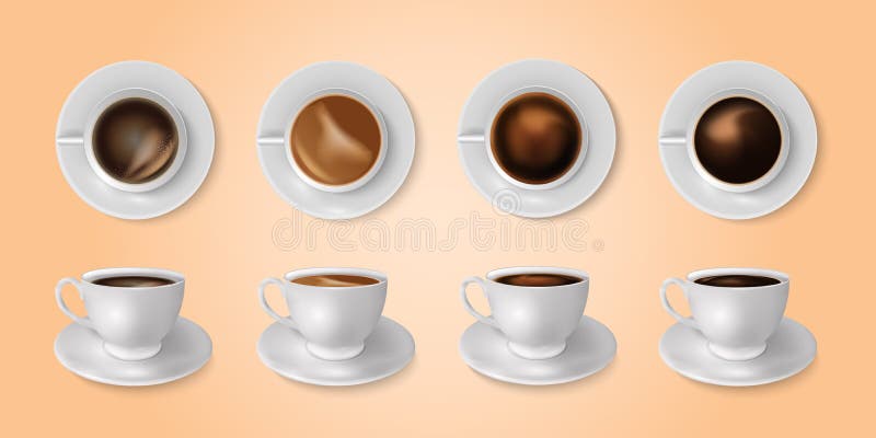 Realistic Different Sorts Coffee White Cups View Top Side Latte