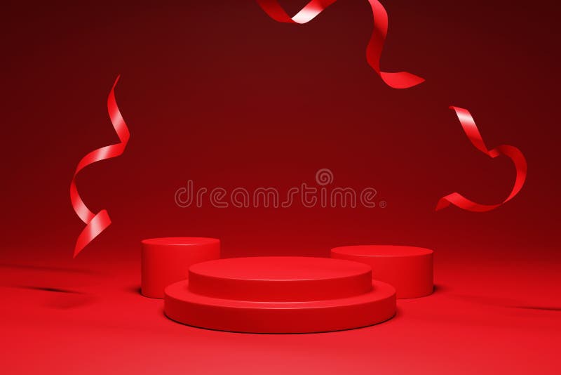 3 d color rojo de representación podio o pedestal con cinta de confeti caída sobre fondo rojo. libre illustration