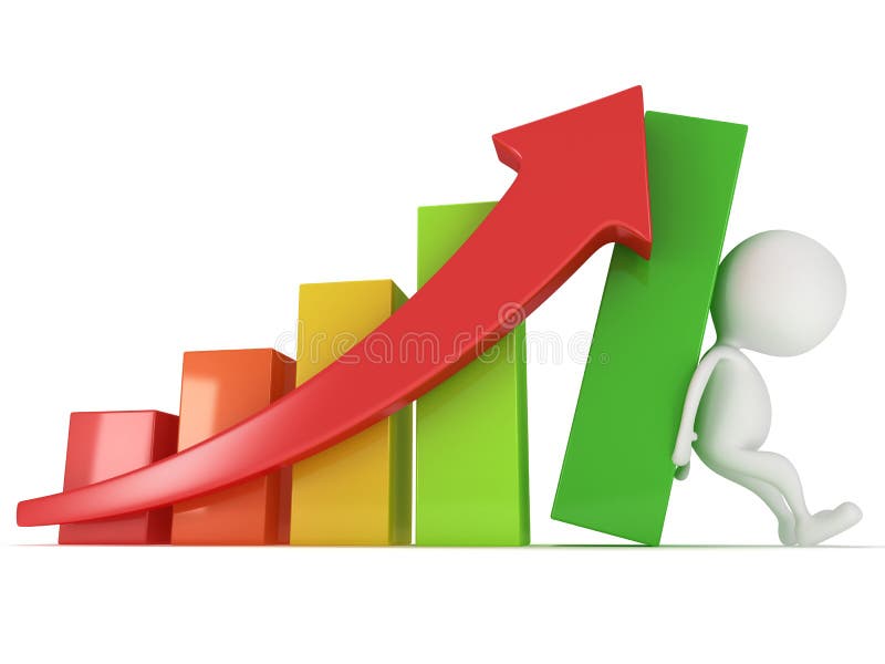 3D colored bar graph with red arrow and man