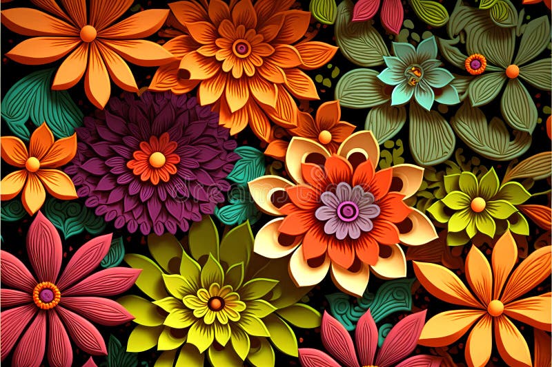 3d colorful floral craft wallpaper. orange, rose, green, and yellow flowers on a light background. for kids\  room wall decor