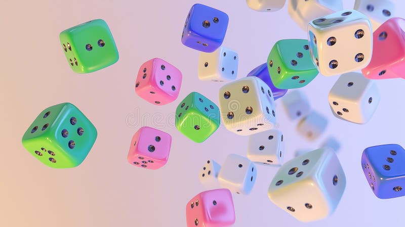 3D Colorful Glossy Dice Floating on a Bright Background Perfect for Game and Playful Designs vector illustration