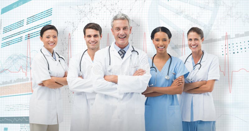 3D Composite image of portrait of smiling medical team standing arms crossed