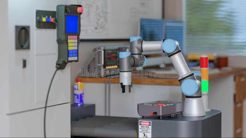 3D-computer Afbeelding genereren : COBOT en AGV in LAB stock illustratie