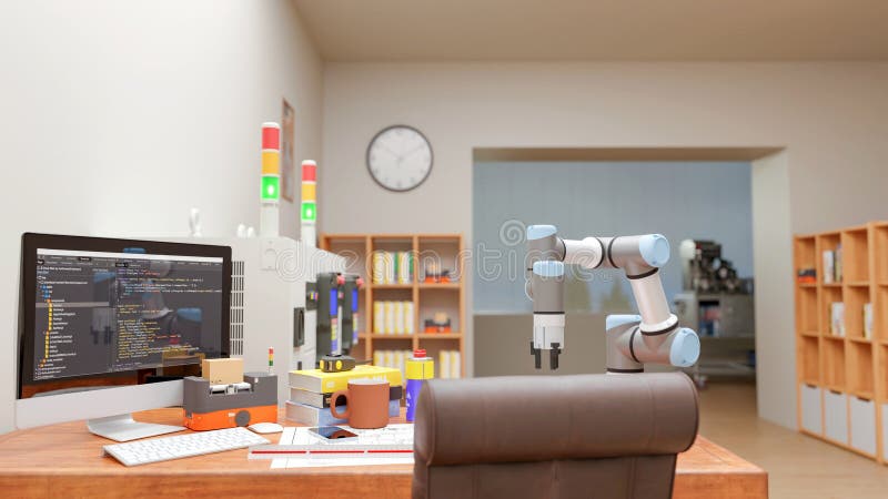 3D-computer Afbeelding genereren : COBOT en AGV-model in LAB royalty-vrije illustratie