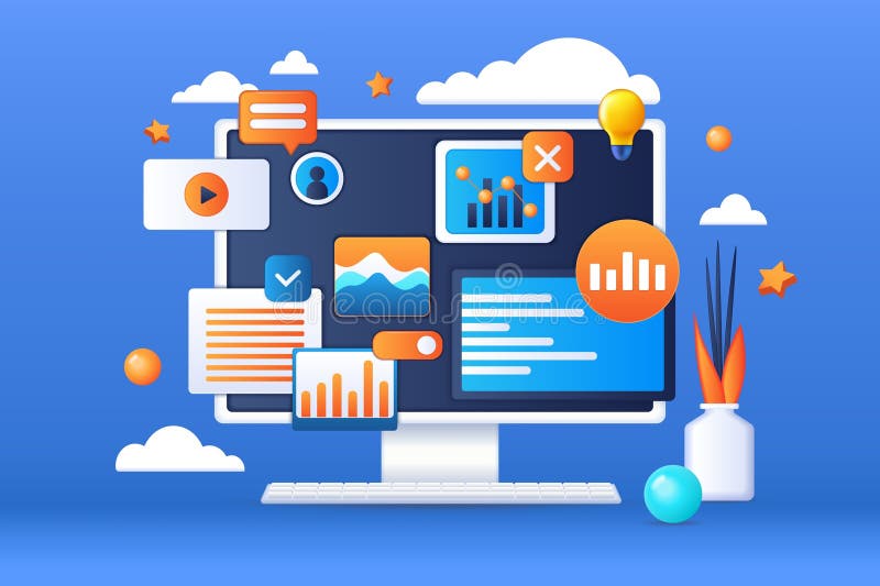 3d computer, web elements on pc screen. Website design, search on site and advertising in browser, internet vector illustration