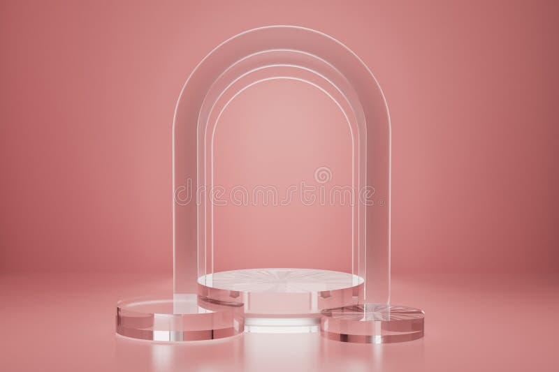 3D conjunto realista de tres vidrio transparente fondo cilíndrico podio sobre color rosa colorido maquillaje 3d. stock de ilustración