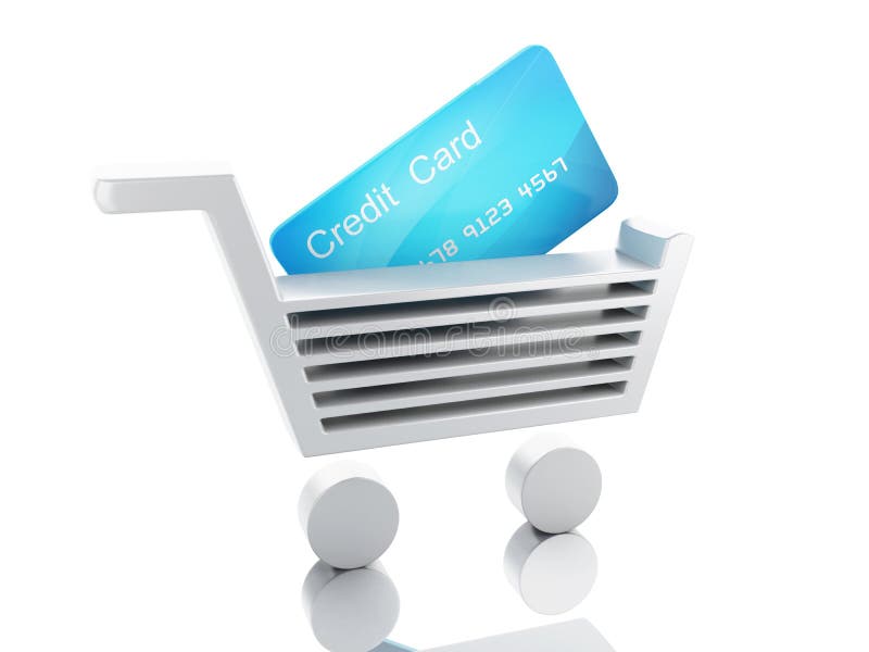 Image of 3d credit cart. shopping concept in white background. Shopping cart credit card illustrations