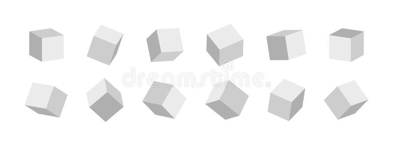 3d cube. 3d box in front. White cubic blocks. Square mockup with perspective render. Blank cardboard or paper cube isolated on royalty free illustration