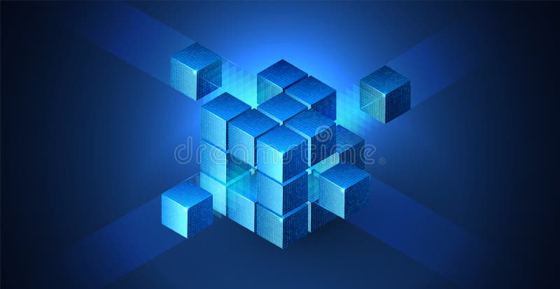 3D cube data background illustrating technology and blockchain network structure. Abstract geometric blocks for AI systems vector illustration