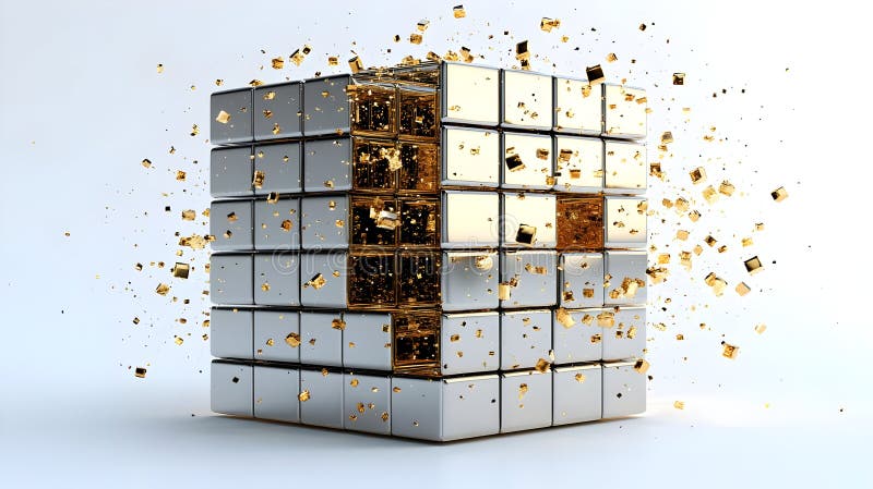 3D Cube Exploding with Golden Fragments vector illustration