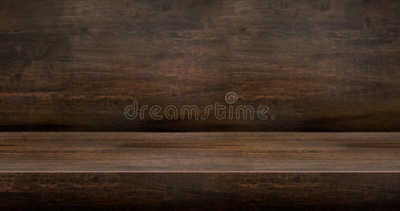 3D dark wood table studio background textured for product display with copy space for display of content design. Banner for royalty free stock photography
