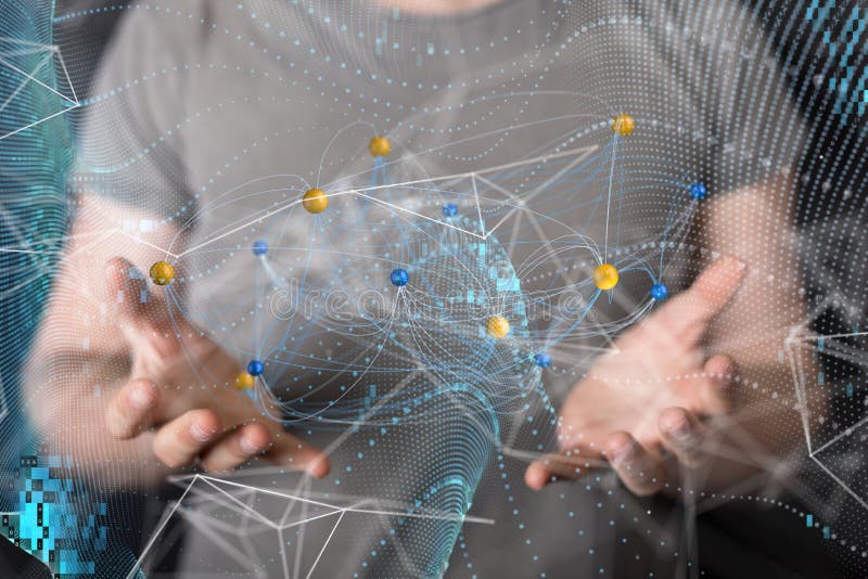 3D-Darstellung des globalen Netzwerks in der Hand der Mitarbeiter lizenzfreie abbildung