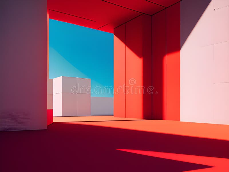 3D-Darstellung einer roten Architektur und blauer abstrakter Hintergrund ai generiert. 3D Darstellung einer roten Architektur und eines blauen abstrakten Hintergrunds