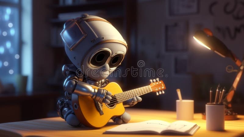 3D-Darstellung eines kleinen Roboters, der eine Ukulele spielt. Der Roboter komponiert und spielt das gitarre4th industrielle Revolution ai Learning Konzept.