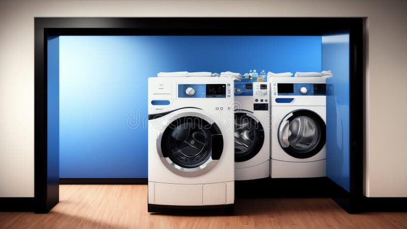 3D-Darstellung eines minimalistischen Wäscheservice-Konzepts mit Regal. Waschmaschine. und Kleidung an Kleiderbügeln. generative H lizenzfreie abbildung