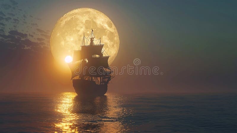 3d Darstellung eines Piratenschiffs auf See unter Vollmond stock abbildung