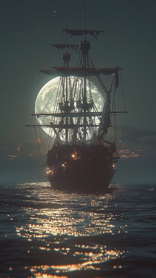 3d Darstellung eines Piratenschiffs auf See unter Vollmond lizenzfreie abbildung