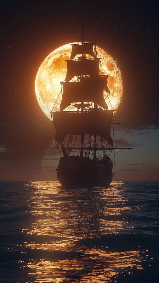 3d Darstellung eines Piratenschiffs auf See unter Vollmond lizenzfreie abbildung