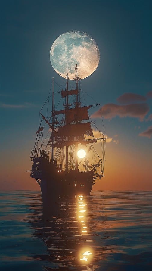 3d Darstellung eines Piratenschiffs auf See unter Vollmond stock abbildung