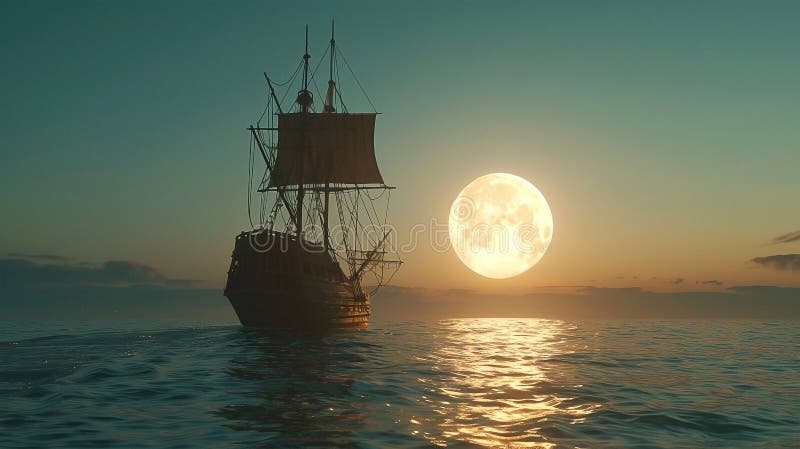 3d Darstellung eines Piratenschiffs auf See unter Vollmond lizenzfreie abbildung