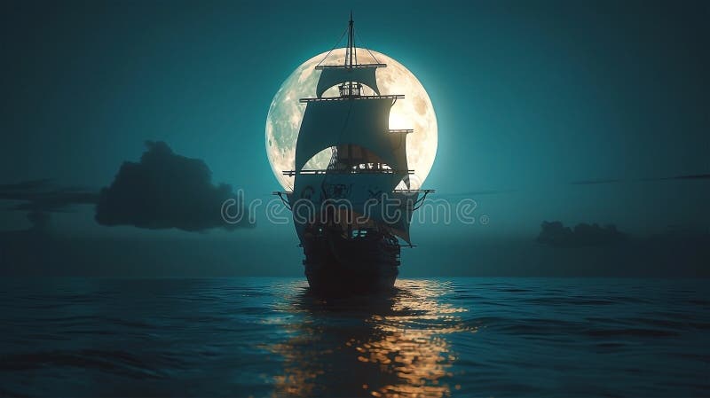 3d Darstellung eines Piratenschiffs auf See unter Vollmond vektor abbildung