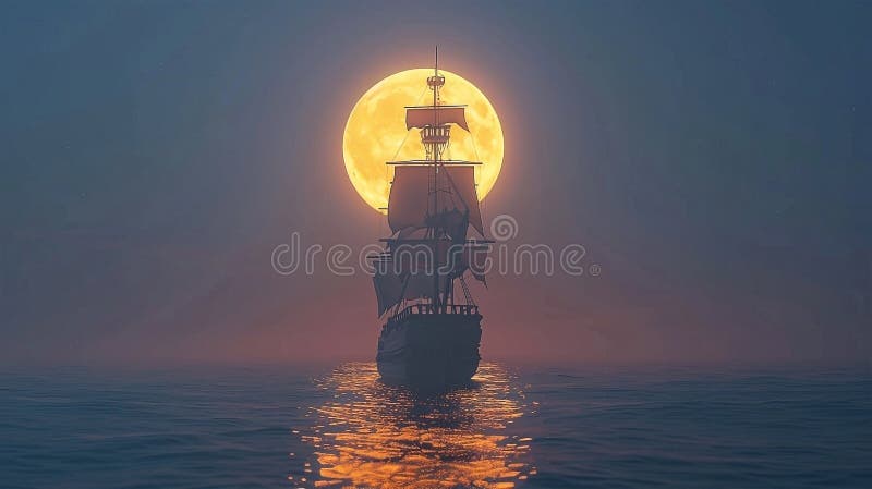 3d Darstellung eines Piratenschiffs auf See unter Vollmond vektor abbildung