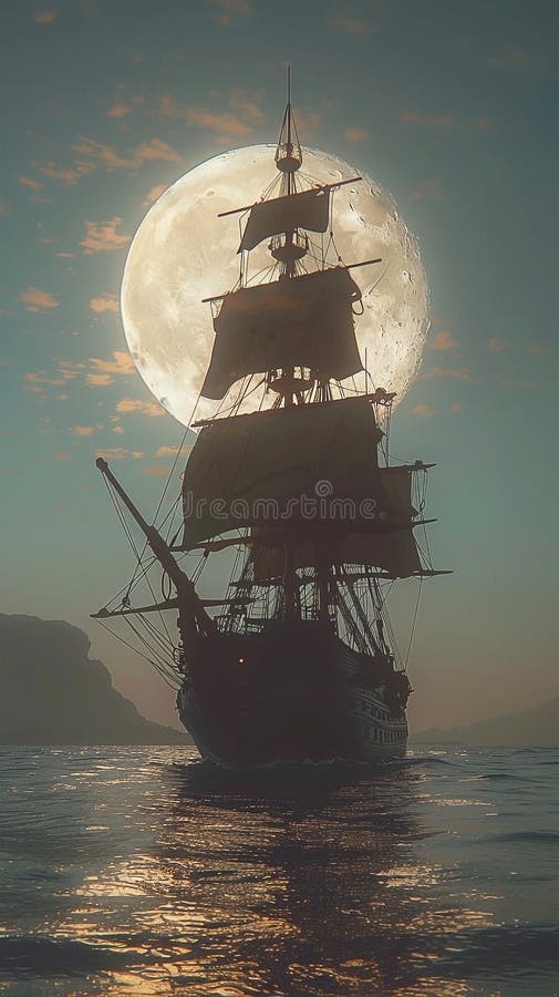 3d Darstellung eines Piratenschiffs auf See unter Vollmond. Dieses hochauflösende 3D-Rendering bietet einen atemberaubenden Blick auf ein Piratenschiff, das durch den Ozean segelt, der im sanften ätherischen Glühen der Dämmerung gebadet wird. der lowangle shot betont die schiff grandeur silhouetted gegen einen riesigen Vollmond, der den nachthimmel beherrscht. das minimalistische, aber sehr detaillierte Design hebt die komplexen Merkmale der Schiffe hervor und bewahrt gleichzeitig das kinematische Gefühl. die
