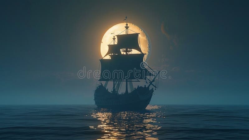 3d Darstellung eines Piratenschiffs auf See unter Vollmond lizenzfreie abbildung