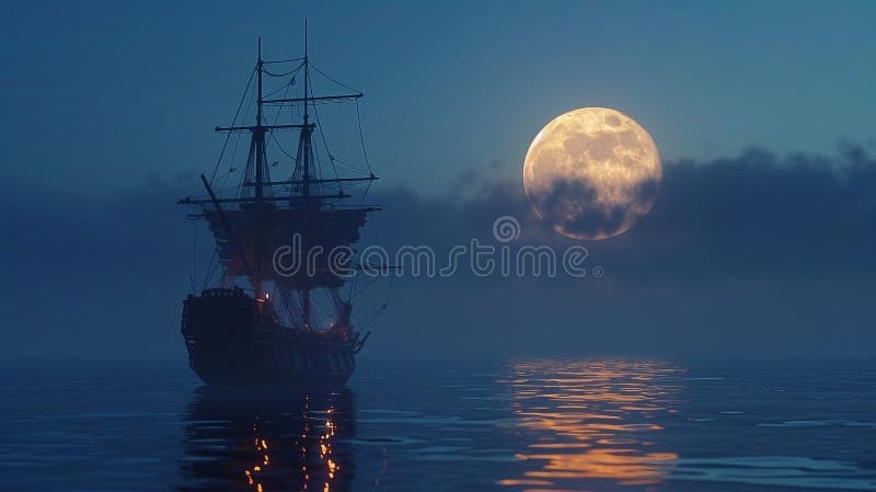 3d Darstellung eines Piratenschiffs auf See unter Vollmond vektor abbildung