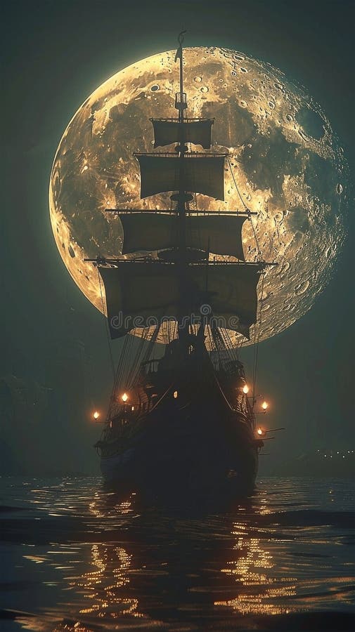 3d Darstellung eines Piratenschiffs auf See unter Vollmond stock abbildung