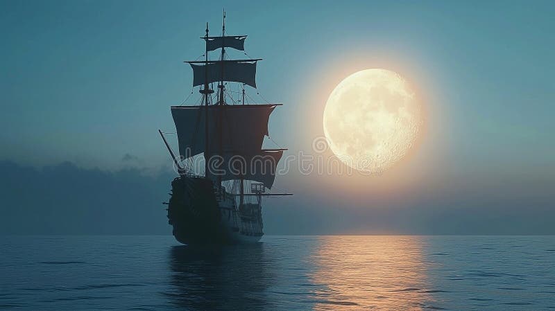 3d Darstellung eines Piratenschiffs auf See unter Vollmond vektor abbildung
