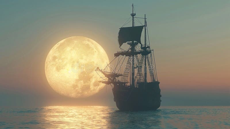 3d Darstellung eines Piratenschiffs auf See unter Vollmond stock abbildung