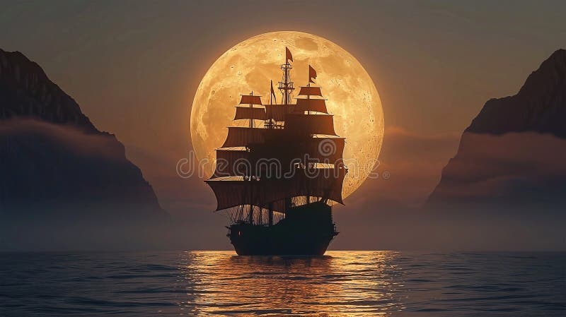3d Darstellung eines Piratenschiffs auf See unter Vollmond vektor abbildung