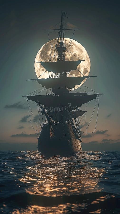 3d Darstellung eines Piratenschiffs auf See unter Vollmond lizenzfreie abbildung