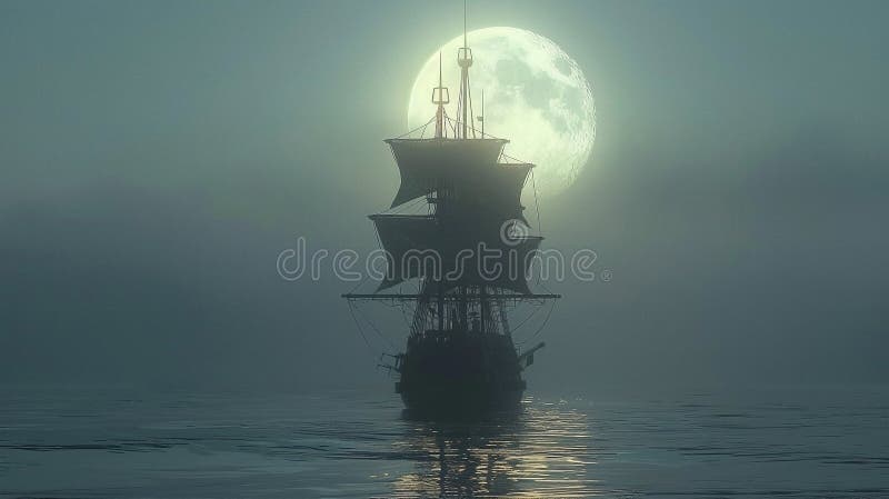 3d Darstellung eines Piratenschiffs auf See unter Vollmond vektor abbildung