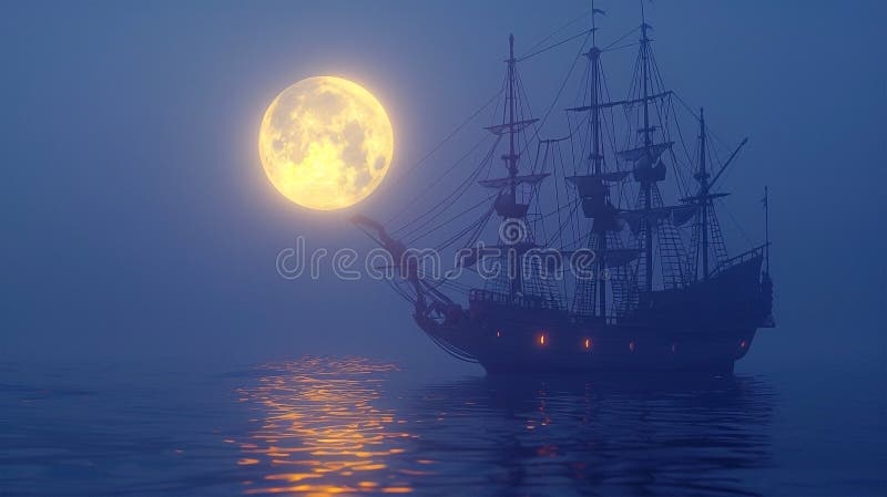 3d Darstellung eines Piratenschiffs auf See unter Vollmond lizenzfreie abbildung