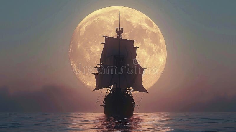 3d Darstellung eines Piratenschiffs auf See unter Vollmond stock abbildung